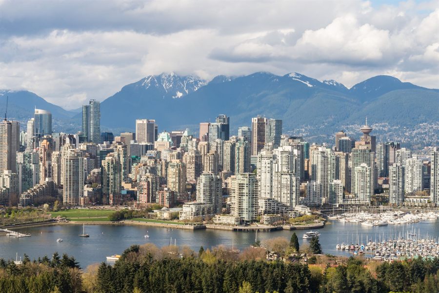 Vancouver waterfront skyline with mountains behind